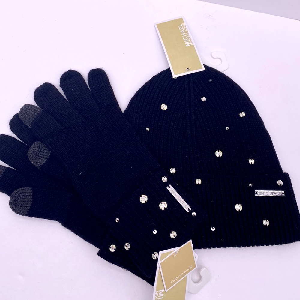 Michael Kors Crystal Embellished Logo Beanie Hat and Gloves Set Acrylic - Picture 2 of 11